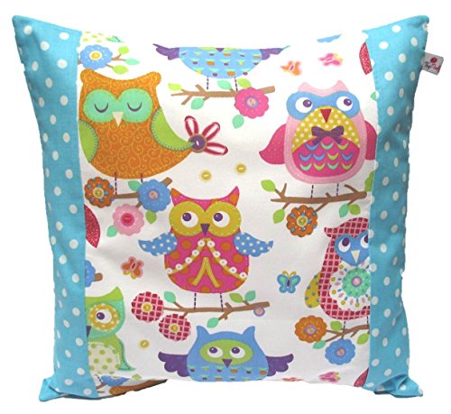 TryPinky® Kissenhülle 40 X 40 cm "Große Eulen Weiß Punkte Türkis" Kissenbezug für Kissen Sommer Frühling 100 % BW Baumwolle Zierkissen Zierkissenhülle Eule Blau Dots