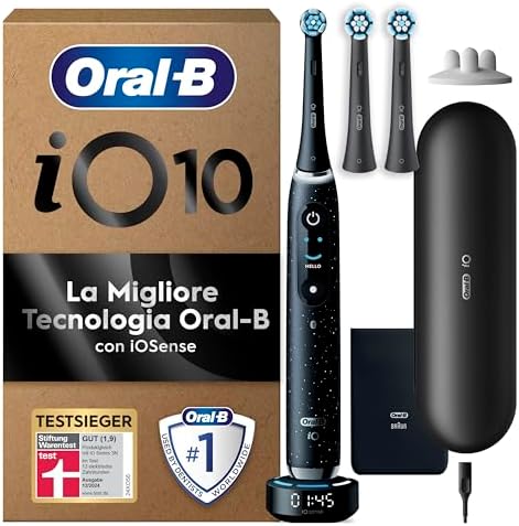 Oral-B Spazzolino Elettrico iO 10, 3 Testine di Ricambio per Spazzolino Elettrico Ricaricabile Autentiche, Custodia Da Viaggio Ricaricabile, Pulizia Denti Efficace, Nero