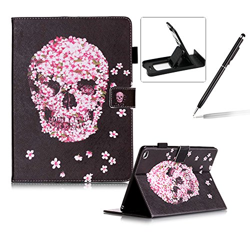 iPad Air 2/iPad 6 Leder Tasche Hülle,iPad Air 2/iPad 6 Leichter Wallet Kickstand Hülle,Herzzer Mode Hübsch [Blumen Schädel Gedruckt] Shockproof Kratzfest PU leder Mappen Geldbeutel Folio Abdeckung mit Karte Bargeld Schlitz Weiche TPU Innere Kasten Hülle Case für iPad Air 2/iPad 6 + 1 x Frei Schwarz Handy Halterung Ständer + 1 x Frei Schwarz Stift Stylus