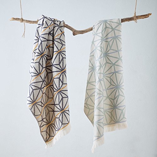 URBANARA Strandtuch „Arade“ – 100% reine Baumwolle, mit geometrischem Muster und Fransen – 100 x 180 cm, Duschtuch, Handtuch, Badetuch, Saunatuch, Hamamtuch (Naturweiß/Dunkelblau/Senfgelb) - 5