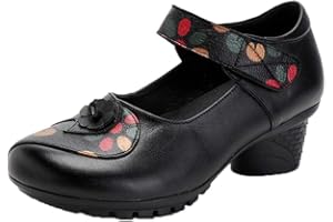 MRS DUBERESS Women's Comfortable Leather Soft Round Toe Middle Heel Mary Jane Shoes