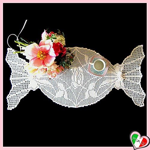Large White crochet filet doily in the shape of candy in cotton - size: 29.5 inch x 13 inch H - Handmade - ITALY