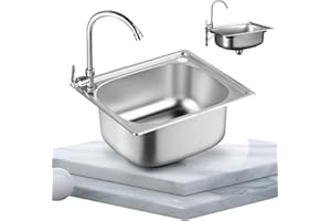 QARIDO Lavello da cucina piccolo, lavello a vasca singola in acciaio inox per installazione sottotop e incasso Scolapiatti reversibile con clip per tubi di scarico