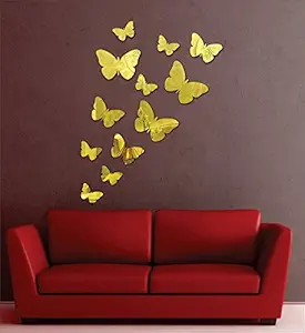 Atulya Arts Acrylic 3D Butterfly Mirror Wall Stickers, Acrylic Sticker (Gold) -Pack of 12, Animal