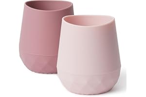 Vaso Aprendizaje Bebe Silicona, Seposeve Paquete de 2 Vaso Agua Bebe para 6-12 meses, Botella Agua Bebe 1-2 año, Tiny Open Vaso Antiderrame Bebe, con Marcas de Capacidad, Rosa Morado