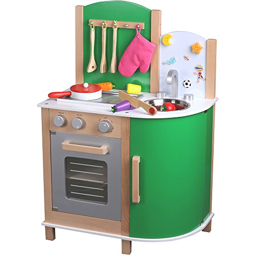 Preisvergleich Produktbild Große Holz Kinderküche grün, 52cm Arbeitshöhe, Klickgeräusche, Magnetboard: Spielküche Holzküche Holz-Spielzeug Kinder Küche