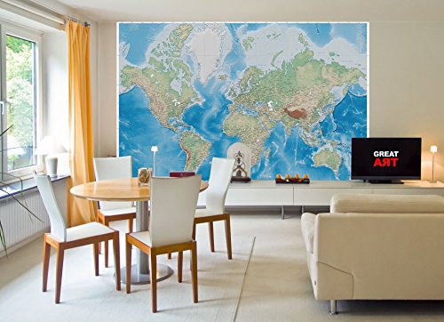 Fototapete Weltkarte Wandbild Dekoration Miller Projection im plastischen Relieffdesign Erde Atlas Weltkugel Landkarte Geographie Foto-Tapete Wandtapete Fotoposter Wanddeko by GREAT ART (336 x 238 cm) - 6