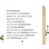  Hausordnung - einzigartiges Holzbild 15x15x2cm zum Hinstellen/Aufhängen, echter Fotodruck mit Spruch auf Holz - schwarz-weißes Wand-Bild Aufsteller zur Dekoration im Büro/Zuhause oder als Geschenk
