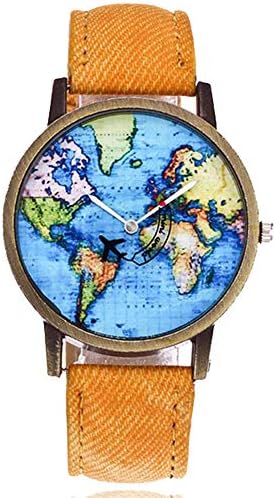 ApacyWatches for Women, Apacy New Global Travel by Plane Map Women Dress Watch Denim Fabric Band Quartz Analog Wrist Watch Female Watches Lady Student Watch Gift