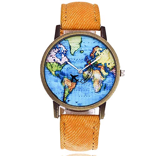 ApacyWatches for Women, Apacy New Global Travel by Plane Map Women Dress Watch Denim Fabric Band Quartz Analog Wrist Watch Female Watches Lady Student Watch Gift