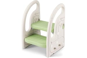 Onasti Step Stool for Kids, Toddler Step Ladder with Handles, Height Adjustable 2 Step Stool, Plastic Ladder/Toddler Helper Stool for Potty Training, Bathroom Sink, Bedroom & Kitchen (Green-white)