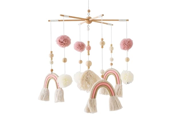 Mobile Lit Bébé Avec Boule de Fourrure, Mobile Bebe Bois pour Mobile Bébé Accessoires et Décorations, Cloches Mobile Musical Lit Bébé Fille et Garçon (Pink Mobile)