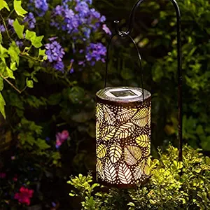 Epyz Solar Hanging Lantern, Metal Leaf LED Solar Lights, Decorative Solar Powered Lamps with Stakes for Garden, Patio, Lawn, Yard, Deck, Tree, Party [ Warm Yellow, Pack of 1 ]