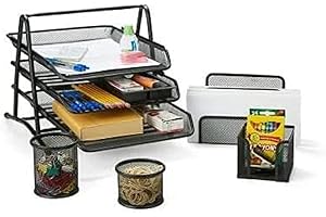 raxter Office Desk Set 5 Pieces Organiser Tidy 3 Tier Letter/Filing/Paper Tray, Pencil Cup, Letter Shelf, File, Clip & Memo Holder (Black)
