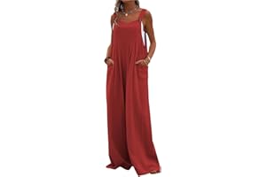 PADOLA Combinaison Femme Salopette Lin Femme Combinaison été Fluide Décontractée Ample Salopettes sans Manches Bretelles Chic Jumpsuit avec Poche Jambes Larges Overalls Robe Longue