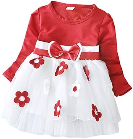 PJPYIF Baby Girls Long Sleeve Flowers Bowknot Dresses Princess Party Dress 6-9 Months Red
