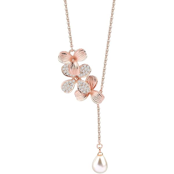 BNQL Collana Orchidea Oro Rosa Con Perla A Goccia – Ciondolo Fiore In Acciaio Inox E Rame – Gioiello Romantico Donna - 5
