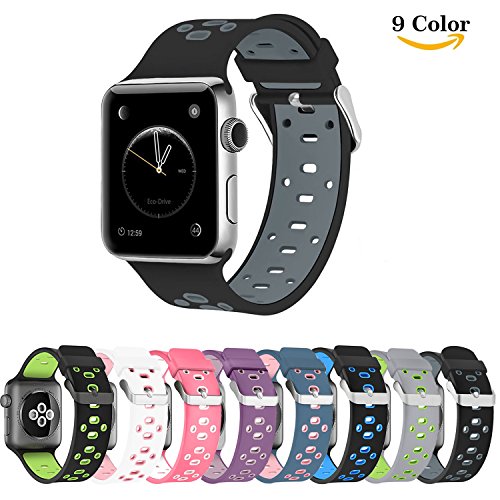 Chok Idea Watchband Replacement For Apple Watch Strap,Breathable Nike+ Style Soft Silicone Sport Replacement Strap for Apple Watch Strap 38mm Series 1,Series 2,Series 3,Black-Grey