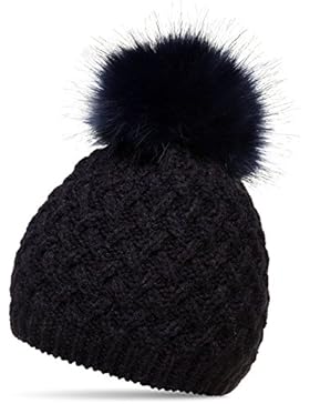 CASPAR MU177 Damen Winter Mütze Strickmütze Bommelmütze mit großem Fellbommel