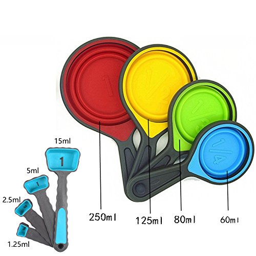 klappbar Backen Messbecher und Löffel Set – Bunt und flexible Backen Werkzeuge Ideal für Zuhause Backen, Kochen, Outdoor Picknick oder Camping, Set von 8 - 8