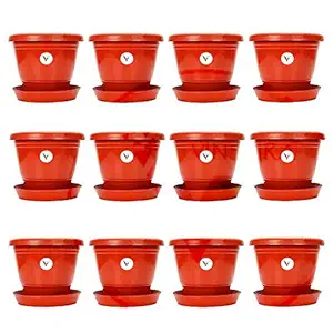 VINSHRA Plastic Pot with Tray Set, Red, 12 in, 12 Pieces, 1 Small Pot Free