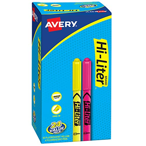 Avery Hi-Liter Pen-Style Highlighters, Smear Safe Ink, Chisel Tip, 24 Assorted Color Highlighters (29861)
