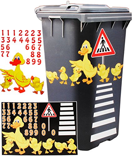 Aufkleber für Mülltonne – “ Motiv-Mix “ – circa 40 tlg. Set – incl. Zahlen – Mülltonnenaufkleber / Mülltonnensticker – Sticker _ wetterfest & wasserfest – Mülltonnen / Mülleimer – lustige Tiere – Ente / Küken – Entchen – Blumen – Blüten Schmetterlinge - 4
