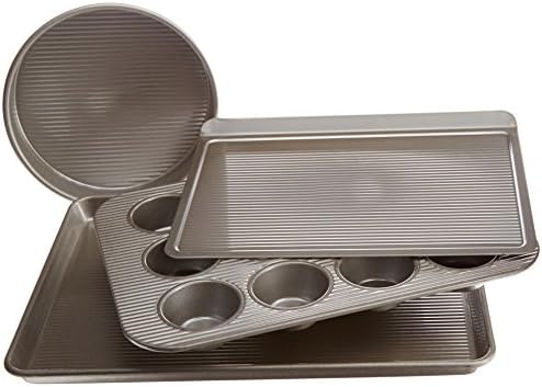 USA Pan Bakeware Aluminized Steel 4 Piece Essential Baker Pan Set, 12 Cup Muffin Pan, Round Cake Pan, Cookie Sheet and Half Sheet