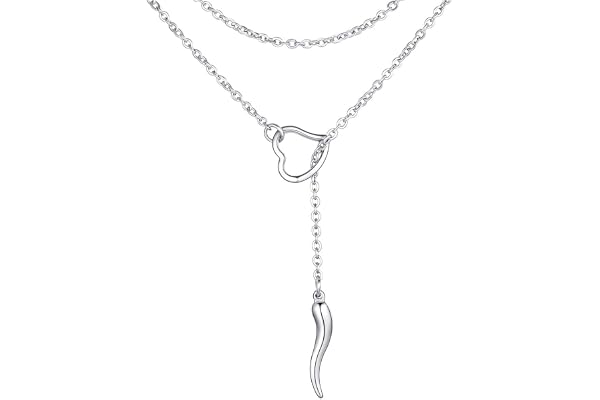 FOCALOOK Collier Lasso Femme Pendentif Serrure/Croix/Corne Italienne/Étoile et Lune/Fleur Rose Chaîne Long Ajustable Bijoux Acier/Plaqué Or Accessoire Parfait pour Robe Pull Col V