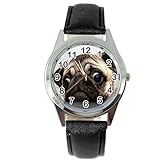 TAPORT® Mops, Quarz-Armbanduhr mit schwarzem Lederarmband, inkl. Ersatzbatterie und Geschenkbeutel