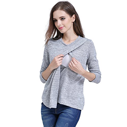 Preisvergleich Produktbild Decdeal Stilltop Stillshirt Umstandstop Langarmshirt Stillzeit Top aus Baumwolle mit Zweilagiges-Design
