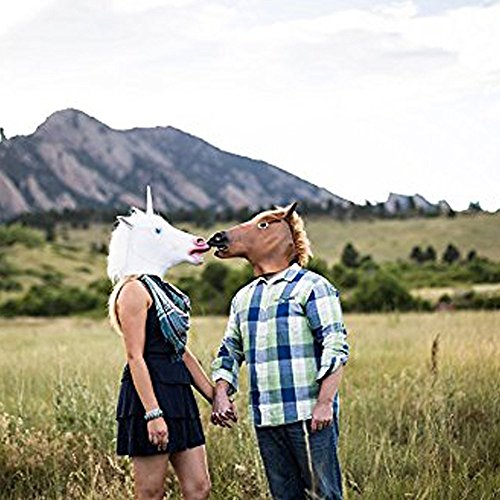 Weiß Einhorn Kopf Maske, Cusfull Einhornmaske Einhorn Latex Fasching Knopf Maske Vollmaske Tiermaske für Halloween Cosplay Kostüm - 6