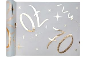 PAPSTAR WOOOOZY Metallic 70. Geburtstag Tischläufer, 5m x 30cm, Polyester, Zahlen, Sterne, Linien