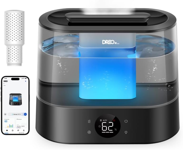 Dreo Akıllı Nemlendiriciler Yatak Odası İçin, Üstten Dolumlu 4L Süper Büyük Nemlendirici, 28 dB, 36 Saat Çalışma Süresi, Dokunmatik/Uygulama/Ses Kontrolü, İç Mekanlar İçin Soğuk Sisli Nemlendiriciler