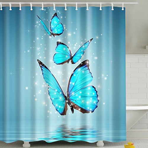 Waterproof Polyester Fabric Bathroom Shower Curtain, Qile Mildew-Resistant Anti-Bacterial 3D Digital Printing Pattern Shower Curtains with 12 Ring Hooks, 180 x180cm (Blue Butterflies)