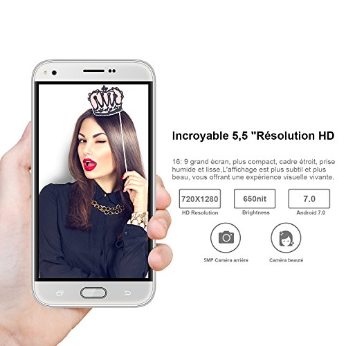 V J5 4G Smartphone Pas Cher 9Pcs 8Go ROM Ecran 5 5 Pouces 5MP Appareil Photo Android 7 0 2800mAh Batterie Double SIM Mobile Portable D  bloqu     Blanc 
