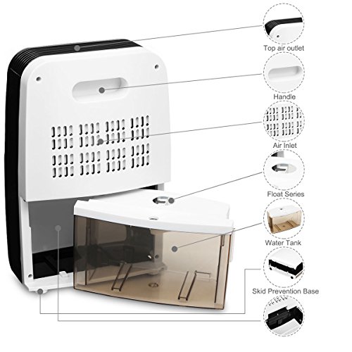 Finether mini Luftentfeuchter 500ml/Tag Anion UV-Licht Raumentfeuchter Luftentfeuchtungsgeräte Lufttrockner Entfeuchter Raumtrockner Raumluftentfeuchter Raumentfeuchtungsgeräte Entfeuchtungsgerät Trocknungsgeräte für Schlafzimmer elektrisch elegantes Design milchweiß schwarz - 7