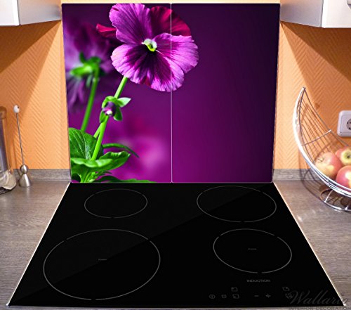 Wallario Herdabdeckplatte / Spritzschutz aus Glas, 2-teilig, 60x52cm, für Ceran- und Induktionsherde, Lila Stiefmütterchen - 3