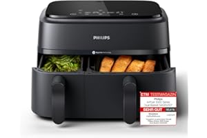 ‎PHILIPS Philips Airfryer Dual Basket 3000 Series Heißluftfritteuse, 9L, 2 Körbe, 2 Gerichte gleichzeitig, RapidAir Plus Technologie, 90% weniger Fett, Energieeffizient, HomeID App (NA350/00)