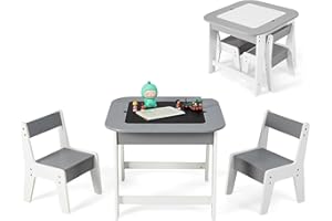 Maxmass Kids Table and Chair Set, Wooden Activity Play Table with Double-sided Tabletop & Hidden Storage Space, 3 Pieces Toddler Drawing Table for Writing, Learning, Playing (Gray + White)