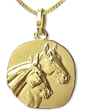 CLEVER SCHMUCK-SET Goldener Anhänger 2 Pferde als Medaille, Pferdeköpfe teilmatt 333 GOLD 8 KARAT und vergoldeter...
