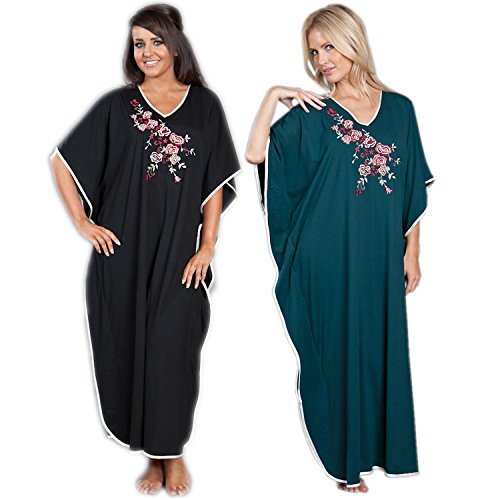 Set Of 2 Colours Womens/Ladies Nightwear Jersey Embroidered Kaftan Satin Trim One Size Fits All, Black & Green