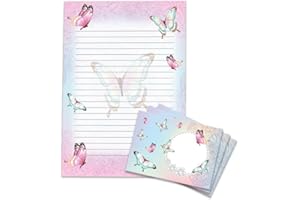 ‎LIMONIA Briefpapier-Set Briefblock mit Umschlag für Mädchen Kinder Schmetterlinge Blumen (Block A4 mit 25 Blätter + 15 Umschläge)