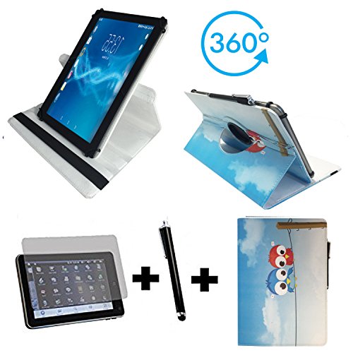 3er Starter Set für Denver TAQ-10182MK2 Tablet PC Tasche + Stylus Pen + Schutzfolie - 10.1 Zoll Eulen 2 360_