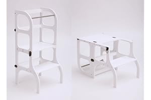 Ette Tete STEP'n'SIT® • Wieża pomocnicza Montessori - stół • Cabrio 2 w 1 (z mosiężnymi klamrami, biała)