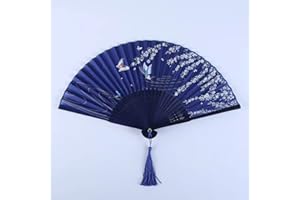YUKIYI Ventaglio pieghevole da donna, in bambù, con nappa, in tessuto di seta, decorazione da parete, per feste di nozze (blu scuro)