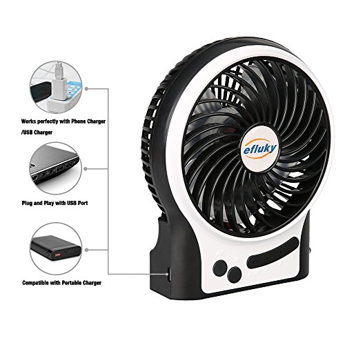 efluky 4.5 Zoll Mini USB aufladbare Fan 3 Geschwindigkeiten mit LED-Licht Beweglicher Tischventilator Kühlventilator Tischventilator -Laptop-Fan für Heim und Büro, Innen- und Außenbereich (schwarz) - 2