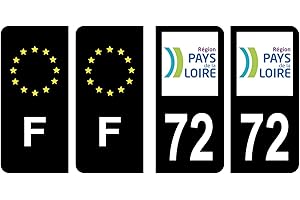 HADEXIA Lot 4 Autocollants Plaque immatriculation département 72 Sarthe Région Pays de la Loire Noir Couleur & F France Europe
