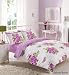 Produktbild BETTWÄSCHESET für DOPPELBETT ZAHANA BERRY LILA BLÜTEN auf WEISSEM GRUND mit LIME GRÜN mit BLÄTTERN, RÜCKSEITE: KARIERT