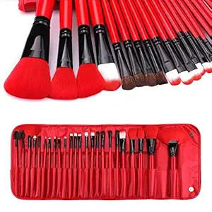 HUDA GIRL BEAUTY PROFESSIONAL 24Pcs Makeup Brush Set for Foundation, Face Powder, Blush Blending Brushes, Wooden Handle Cruelty-Free Synthetic Fiber Bristles with Leather Case (Red)